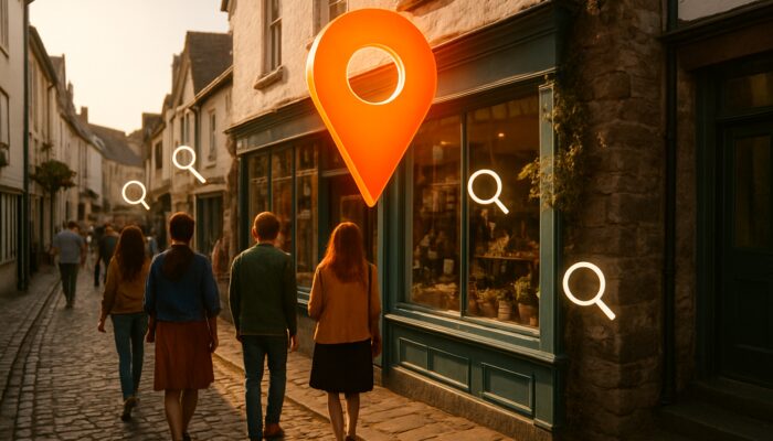 Quaint Totnes shopfront with glowing Google Maps pin drawing locals on cobblestone street