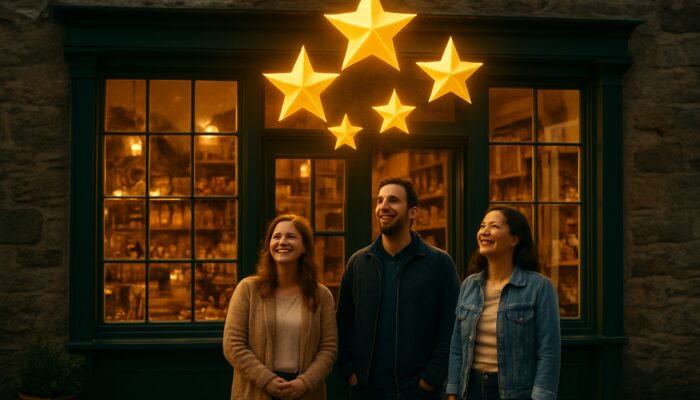 Quaint Totnes shopfront glowing with golden 5-star reviews and smiling happy customers.