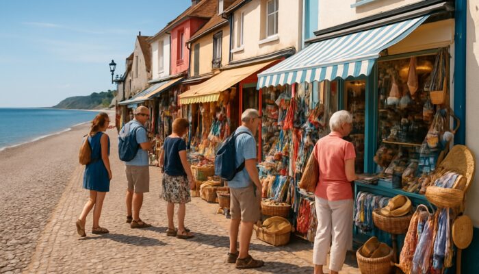 Tourists browsing local souvenirs at quaint Budleigh Salterton shops on sunny beach promenade