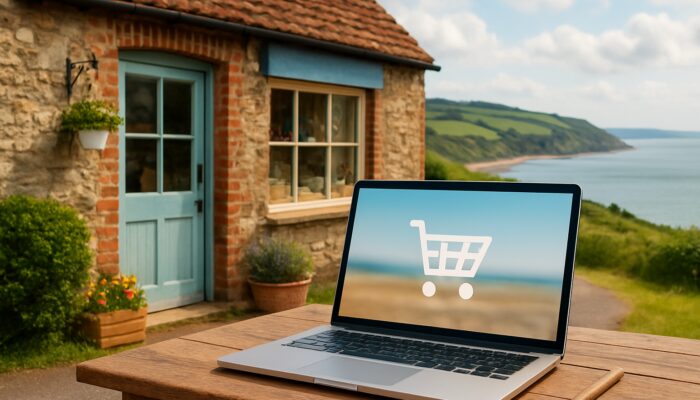 Quaint Budleigh Salterton shop with laptop showing fast-loading Shopify store, Devon hills and sea behind