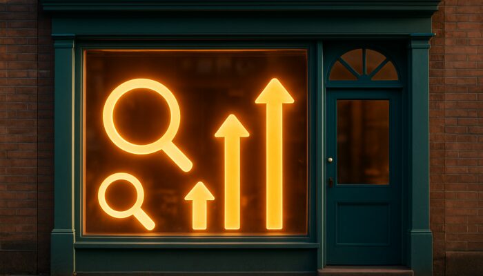 Charming Nailsea shopfront glowing with search icons and rising golden arrows for local SEO growth.