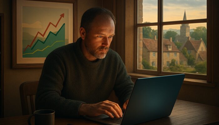 Nailsea shopkeeper reviews glowing laptop with SEO graphs of organic traffic and keyword rankings