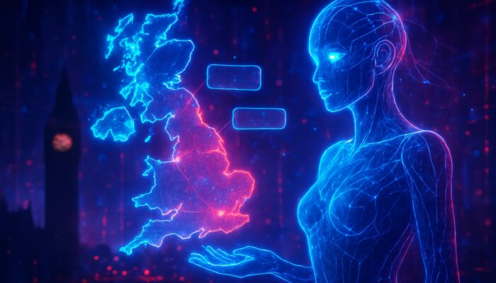 Cyberpunk AI hologram analyzing UK search trends over glowing Britain map with Big Ben silhouette.