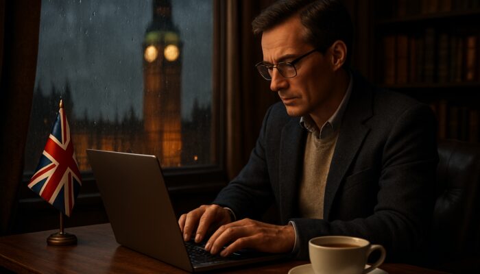 British editor refining AI content on laptop in cozy London study with Big Ben view
