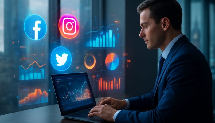 UK professional analyzing social media dashboards with Facebook Instagram Twitter icons in modern office