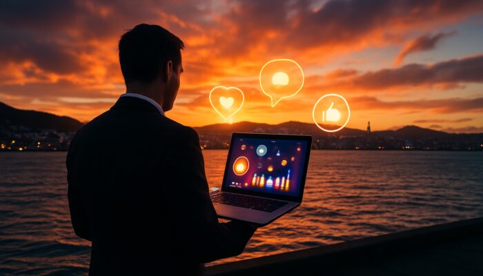 Professional with glowing social media laptop overlooking Wellington waterfront at dramatic harbor sunset.