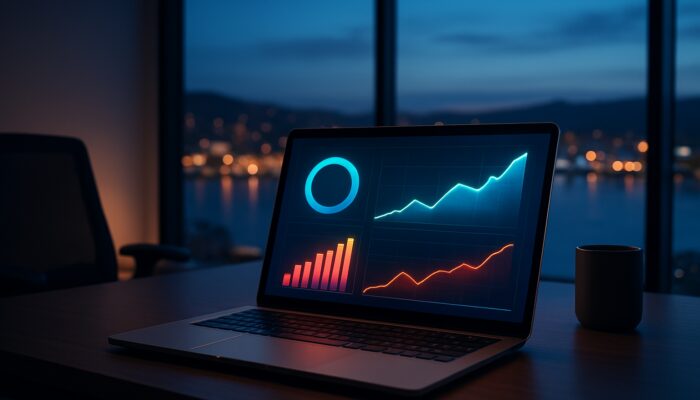 Laptop showing rising social media engagement graphs, reach metrics and follower growth in Wellington office at twilight.