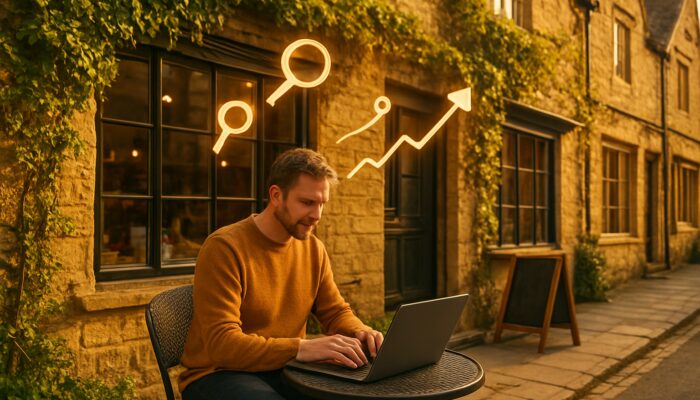 Cotswold stone shop owner in Moreton-in-Marsh studying SEO keywords on laptop with analytics graphs