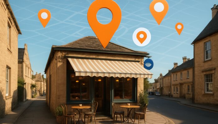 Cirencester café glowing under floating search pins and "near me" icons on digital map