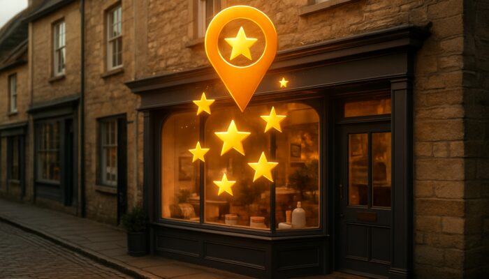 Cirencester shop glowing with floating golden five-star reviews on digital local map
