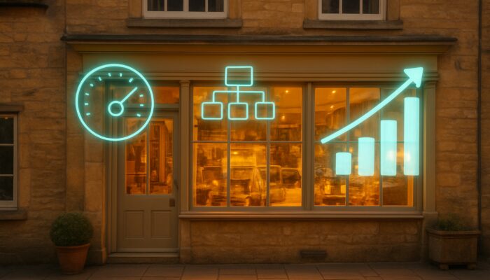 Cirencester shopfront with floating speed gauges, schema icons, and rising SEO rankings in warm light