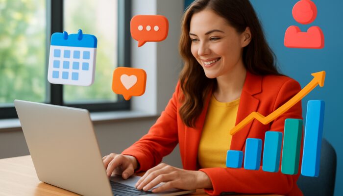 Vibrant Yeovil digital marketer analyzing rising engagement graphs on laptop with content calendars