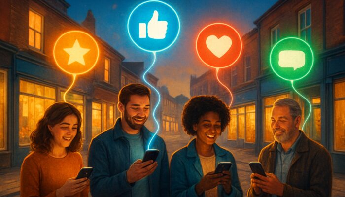Vivid digital art of Yeovil high street shops glowing with social media icons connected to smiling locals on smartphones.