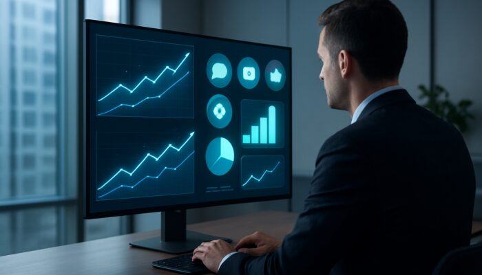 Business professional analyzing glowing sales graphs and social media ROI metrics on dashboard in Yeovil office