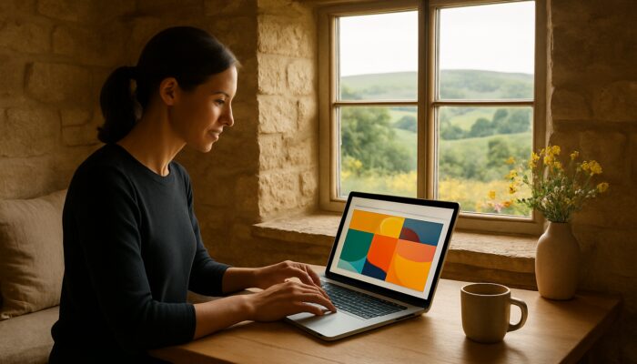Designer crafting WordPress website in sunlit Minchinhampton Cotswold cottage with rolling green hills view