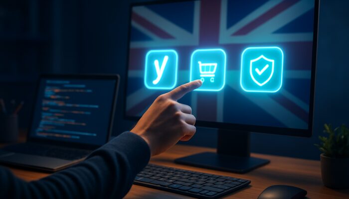Developer selecting glowing Yoast SEO and WooCommerce icons in a vibrant UK-inspired digital workspace.