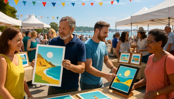 Vibrant Poole coastal market with retailers showcasing Dorset posters to engaged locals at sunny festival.