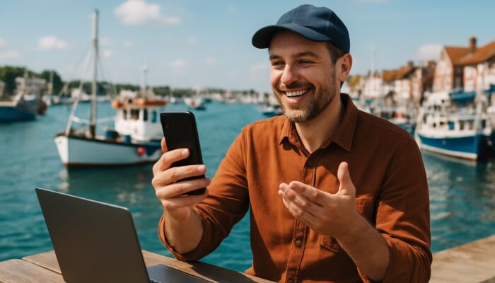 Small business owner films smartphone content at sunny Poole harbor quay with laptop and boats.