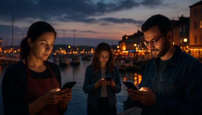 Bustling Poole harbor at dusk with locals using glowing smartphones for social media promotions.