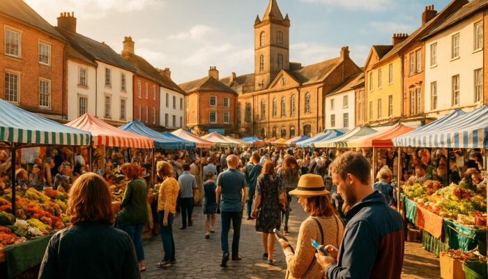 Bustling Great Torrington market with locals, tourists, colorful stalls, and historic buildings in sunlight.