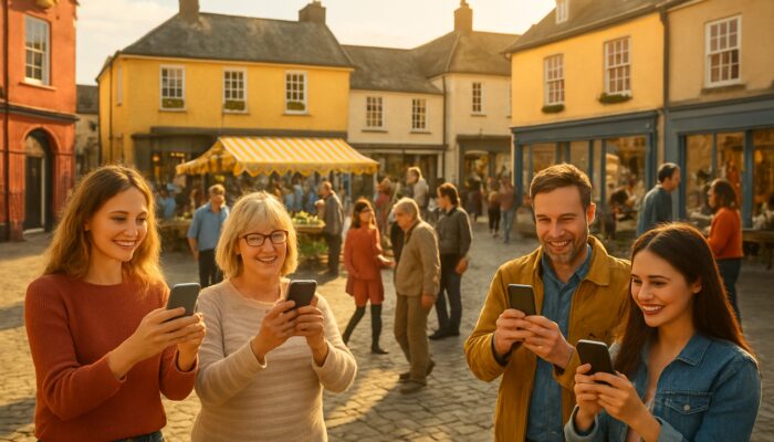 Vibrant Great Torrington market square with locals sharing photos and testimonials on phones in sunlight.