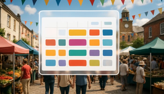 Great Torrington market square bustling with vendors and shoppers, overlaid with digital content calendar for local festivals.